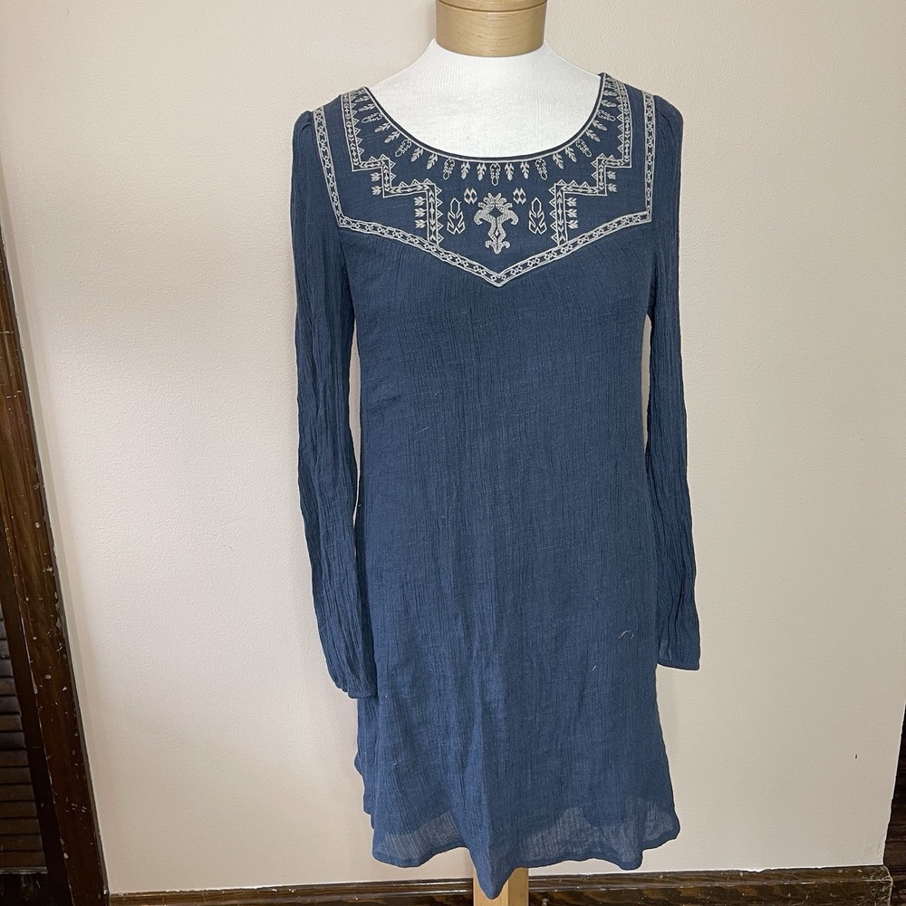 Flying Tomato Womens Blue Embroidered Boho Shift Dress Long Sleeve Cutout Back M
